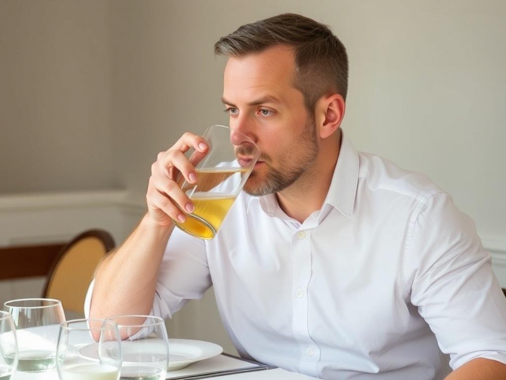 The man is drinking at the table.фото